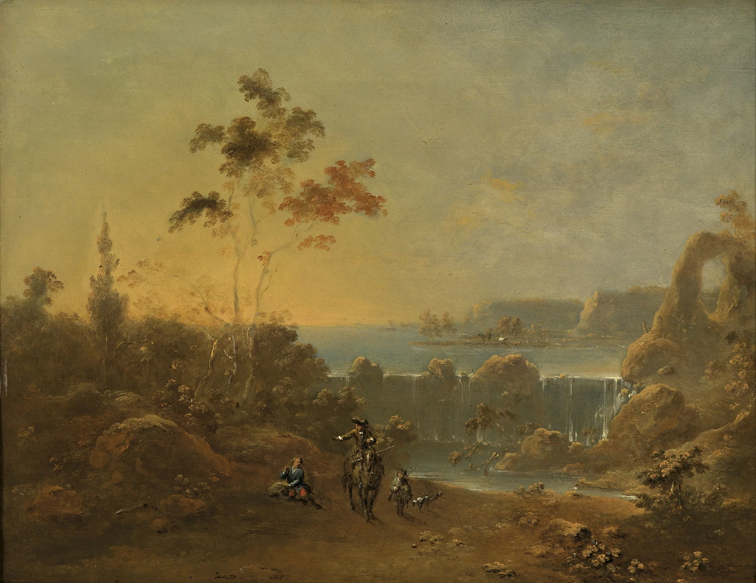 Paesaggio fluviale con cascata e cavaliere